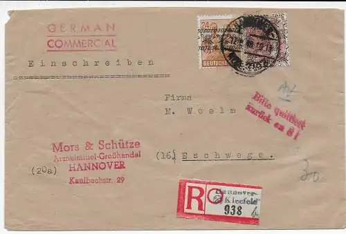 Einschreiben Hannover-Kleefeld nach Eschwege, 1948 und zurück