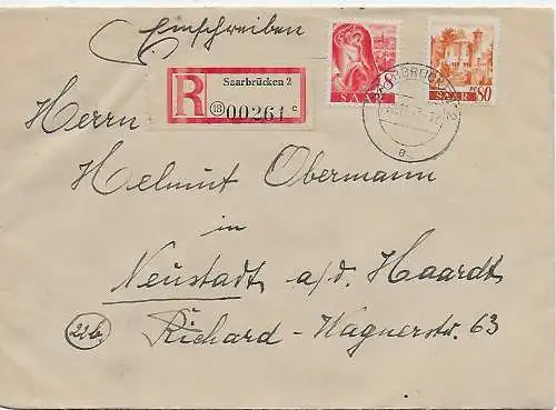 Einschreiben Saarbrücken 1947 nach Neustadt/Haardt