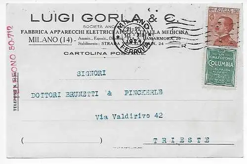 Carte postale Milano 1924 par Trieste, carte publicitaire, timbre publicitaire