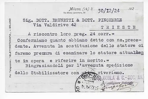 Carte postale Milano 1924 par Trieste, carte publicitaire, timbre publicitaire