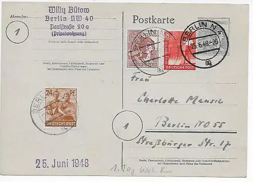 Postkarte am 1. Tag der Währungsreform: 25.6.48, Berlin