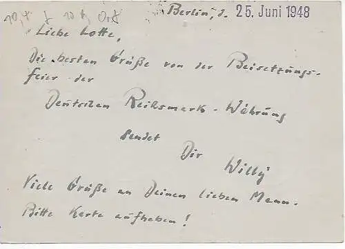 Postkarte am 1. Tag der Währungsreform: 25.6.48, Berlin