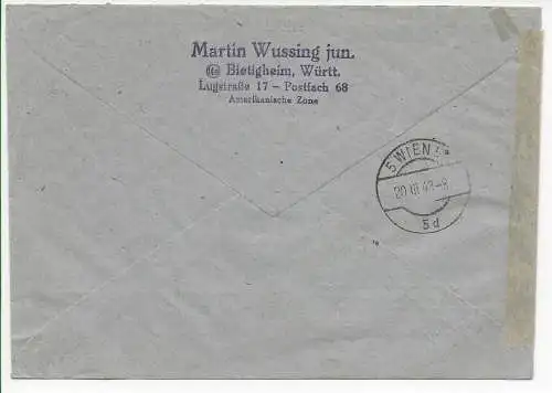 Bietigheim Einschreiben 1947 nach Wien, Zensur: Stempel Falscheinstellung: 1937