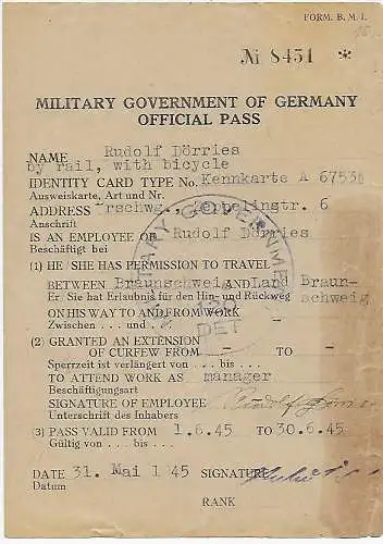 Military Government - official pass - Braunschweig 1945, mit Fahrrad