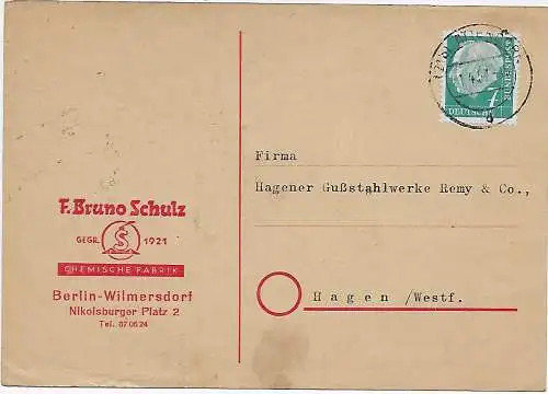 Postkarte Berlin nach Hagen, Rückseite Werbung Brandwundenmittel, Berliner Bär