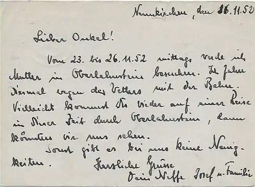 Ganzsache mit Zusatzfrankatur Neunkirchen nach Rüdesheim, 1952