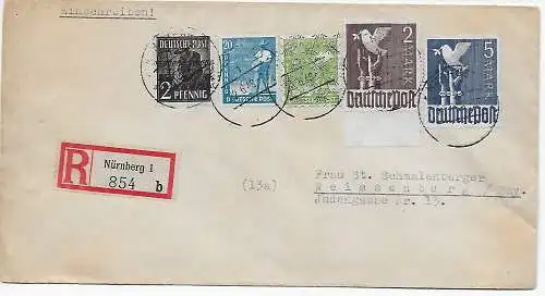 Einschreibebrief Nürnberg 1948 nach Weissenburg, MiNr. 962b, geprüft