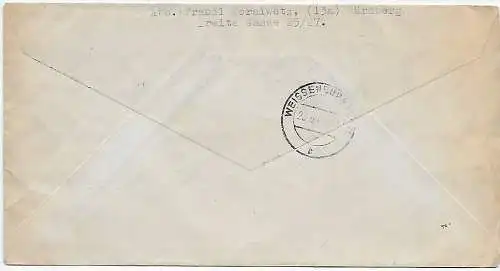 Einschreibebrief Nürnberg 1948 nach Weissenburg, MiNr. 962b, geprüft