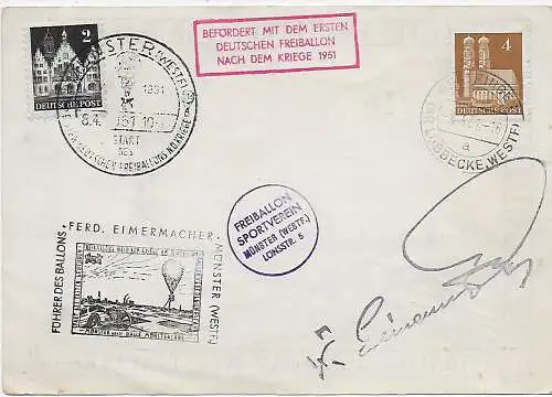 Carte du courrier de ballons Freitballon Sportverein Münster, 1951 Gertingen retour