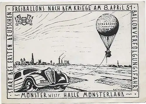 Carte du courrier de ballons Freitballon Sportverein Münster, 1951 Gertingen retour