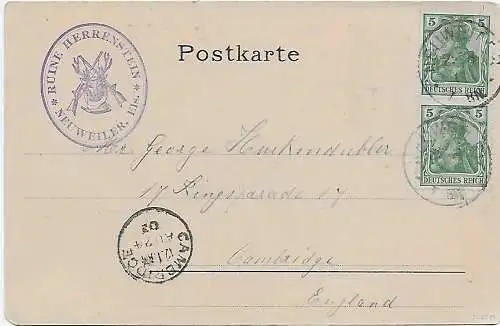 AK: Ruine Herrenstein bei Neuweiler 1902 nach Cambridge
