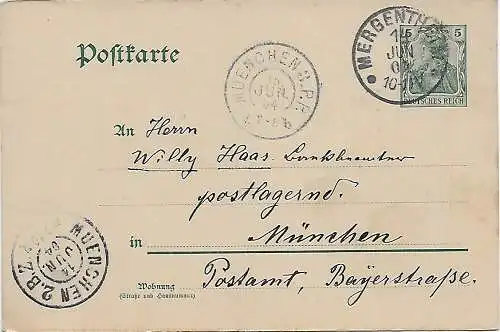 Ganzsache aus Mergentheim nach München, 1904