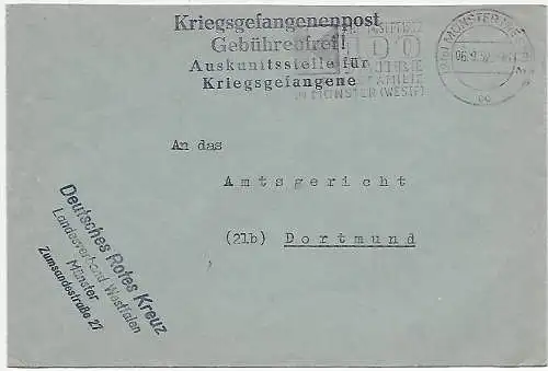 Kriegsgefangenenpost Auskunftsstelle Münster an Gericht Dortmund, 1952, POW, Kgf