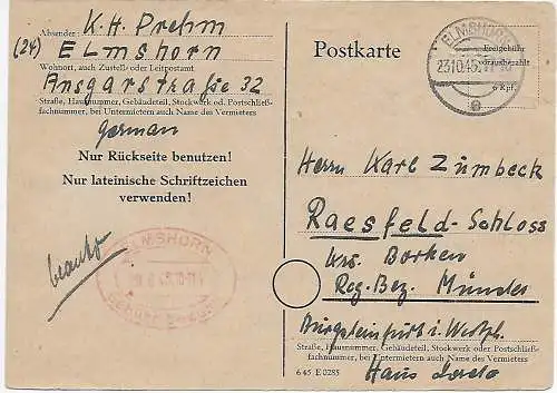 Elmshorn 1945 nach Raesfeld-Schloss/Borken, Gebühr bezahlt