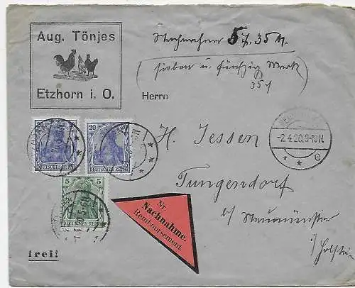 Nachnahme Etzhorn 1920 nach Neumünster, Tungersdorf