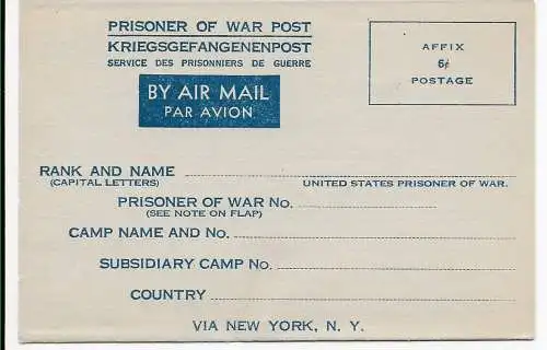 Formular: Prisoner of War, Kriegsgefangenenpost: Kgf POW - via New York