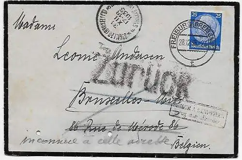 Lettre de deuil 1935 de Fribourg à la Belgique et retour