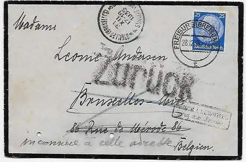 Trauerbrief 1935 von Freiburg nach Belgien und zurück