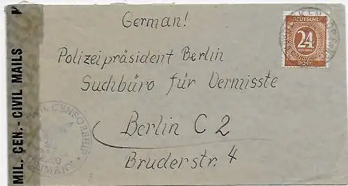Brief aus Denkendorf/Württ. nach Berlin: Suchbüro für Vermisste, Zensur