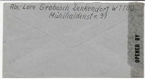 Brief aus Denkendorf/Württ. nach Berlin: Suchbüro für Vermisste, Zensur