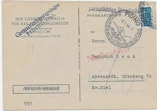 portopflichtige Dienstsache, Piding, Grenzdurchgangslager Flüchtlingswesen, 1954