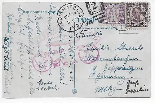 picture post card south grove lake, IND, via Graf Zeppelin 1928 to Germany