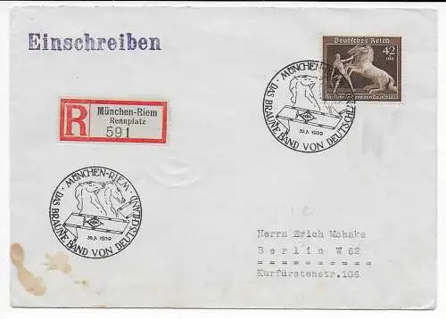 Einschreiben München Riem, 1939, Braunes Band von Deutschland, Pferde