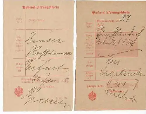 2x Posteinlieferungsschein Mühlhausen, Hayingen nach Erfurt/Saarbrücken, 1905/07