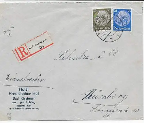 Bad Kissingen, Einschreiben Preußischer Hof nach Nürnberg, 1933