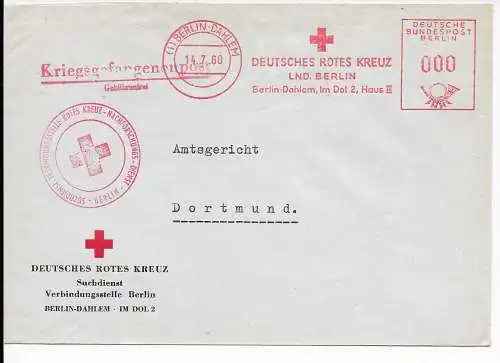 DRK Suchdienst Berlin an Gericht in Dortmund, 1960, Gebührenfrei: Kgf