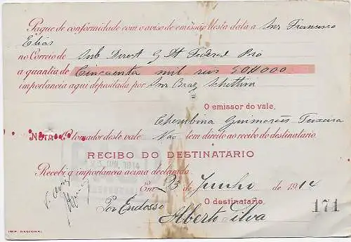 Brasilien: Geldanweisung 1914 Thesouraria