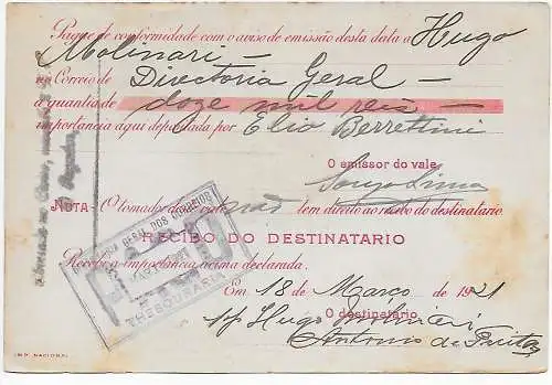 Brasilien: Geldanweisung Thesouraria 1921