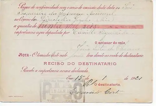 Brasilien: 1921 Thesouraria Geldanweisung