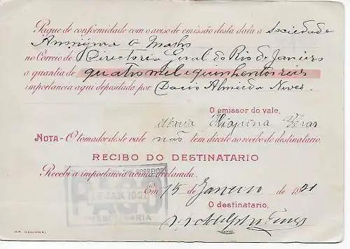 Brasilien: 1921 Tutoya Maranhau Geldanweisung