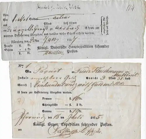 2x Postscheine: 1827 und 1855, Marktbreit