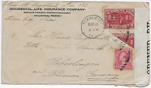 Occidental Life Insurance, Houston/Tx 1916 nach Überlingen, Halbierung, censor