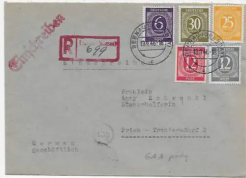 Bernau lettre recommandée pour Prien, 1946 avec une découpe complète