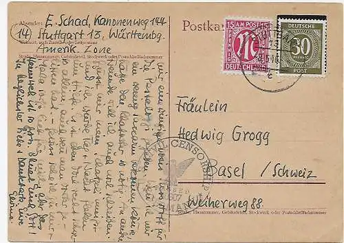 Carte postale Stuttgart 1946 à Bâle avec censure.