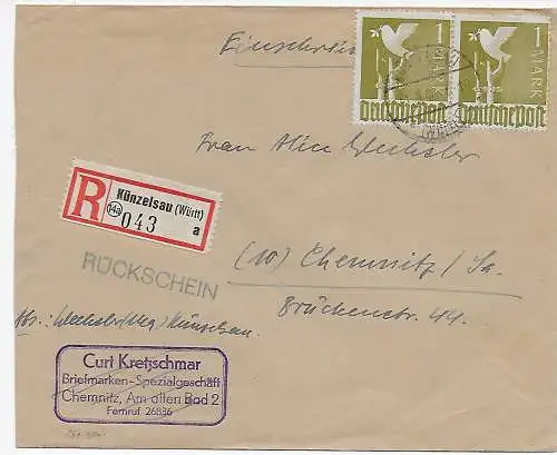 Einschreiben Künzelsau nach Chemnitz mit Rückschein, 1948