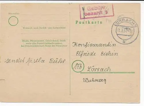 Gebühr bezahlt: Lörrach, 1947 - Konfirmation