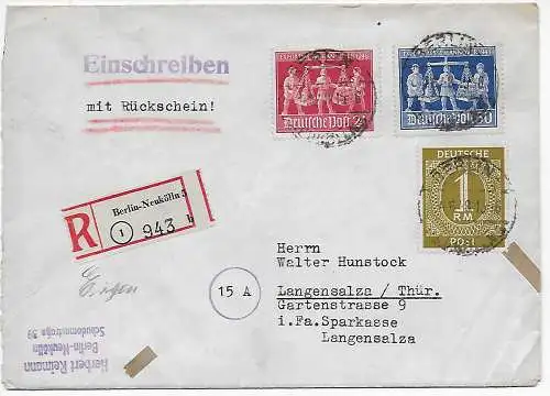 Berlin-Neukölln als Einschreiben-Rückschein nach Langensalza, 1948
