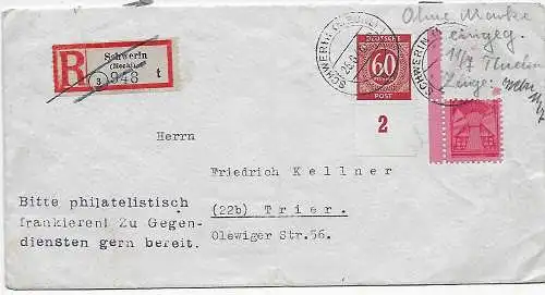 Einschreiben Schwerin: Ohne Marke eingegangen-Zeuge, 1946 nach Trier