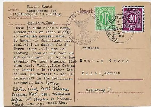 Carte postale Stuttgart à Bâle, 1946 avec censure