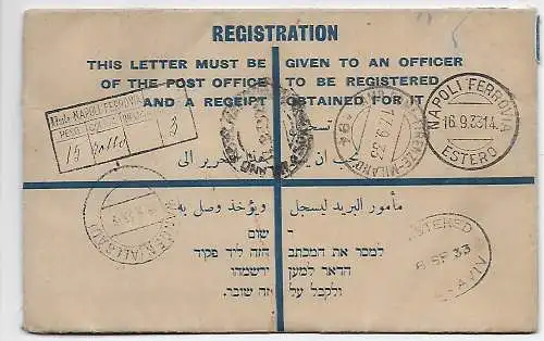 Einschreiben Wert von Tel Aviv nach Wangen/Allgäu über Napoli 1933