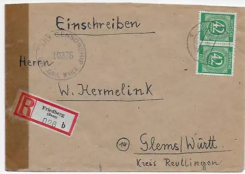 MeF Einschreiben Friedberg nach Glems, rückseitig Stempel Neuhausen/Urach 1948