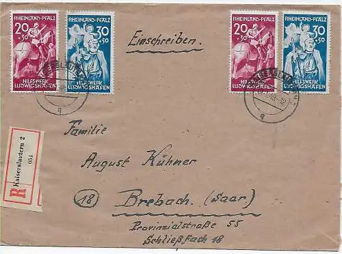 Kaiserslautern Einschreiben 1949 nach Brebach/Saar, 2x MiNr. 30/31