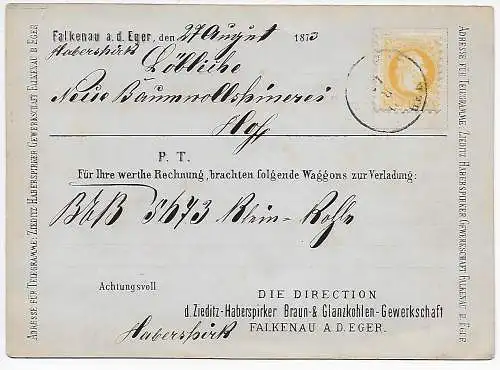 Falkenau am Eger, 1873 nach Hof: Bestellung Braun- und Glanzkohlen