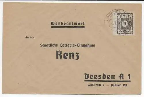 SBZ: 3 Pfg EF, Werbeantwort von Dresden 