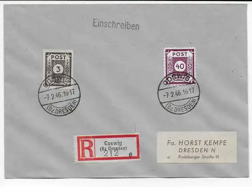 Einschreiben Coswig - Kempe Brief 1946 nach Dresden