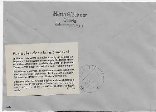 Einschreiben Coswig - Kempe Brief 1946 nach Dresden